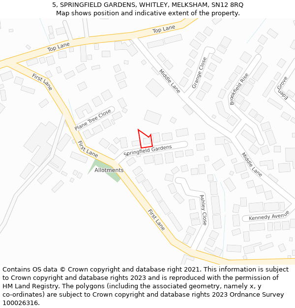 5, SPRINGFIELD GARDENS, WHITLEY, MELKSHAM, SN12 8RQ: Location map and indicative extent of plot