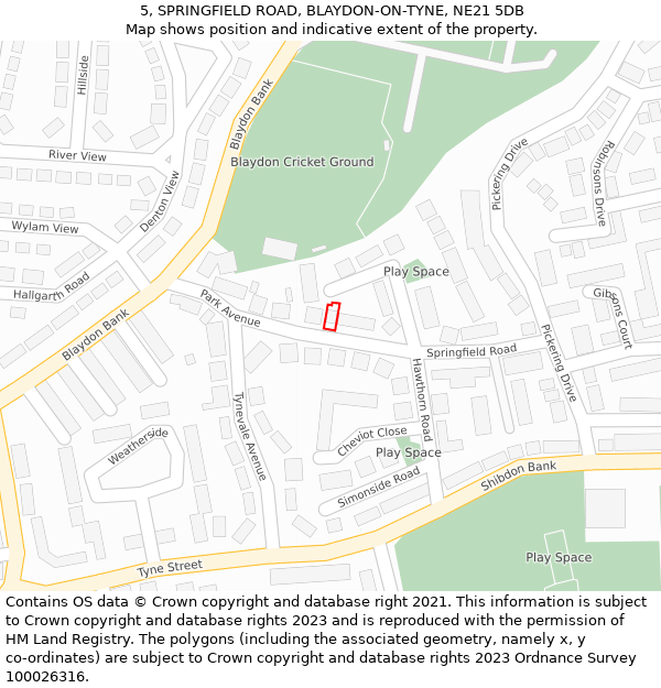 5, SPRINGFIELD ROAD, BLAYDON-ON-TYNE, NE21 5DB: Location map and indicative extent of plot