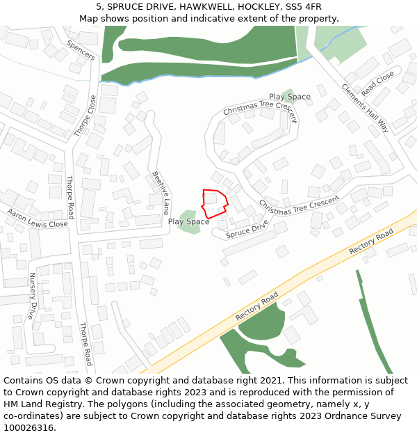 5, SPRUCE DRIVE, HAWKWELL, HOCKLEY, SS5 4FR: Location map and indicative extent of plot