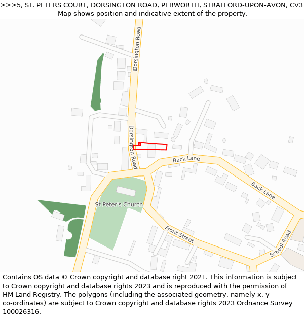 5, ST. PETERS COURT, DORSINGTON ROAD, PEBWORTH, STRATFORD-UPON-AVON, CV37 8UL: Location map and indicative extent of plot