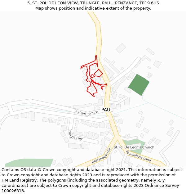 5, ST. POL DE LEON VIEW, TRUNGLE, PAUL, PENZANCE, TR19 6US: Location map and indicative extent of plot