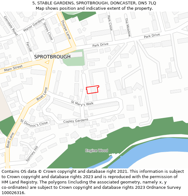 5, STABLE GARDENS, SPROTBROUGH, DONCASTER, DN5 7LQ: Location map and indicative extent of plot