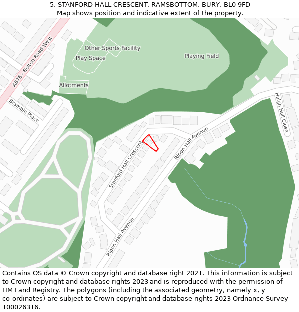 5, STANFORD HALL CRESCENT, RAMSBOTTOM, BURY, BL0 9FD: Location map and indicative extent of plot