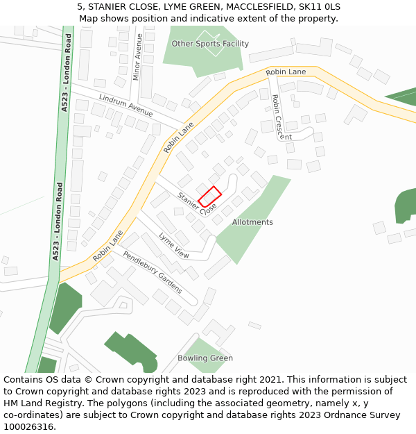 5, STANIER CLOSE, LYME GREEN, MACCLESFIELD, SK11 0LS: Location map and indicative extent of plot