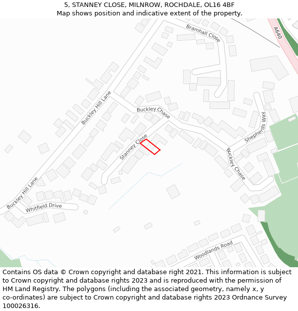 5, STANNEY CLOSE, MILNROW, ROCHDALE, OL16 4BF: Location map and indicative extent of plot