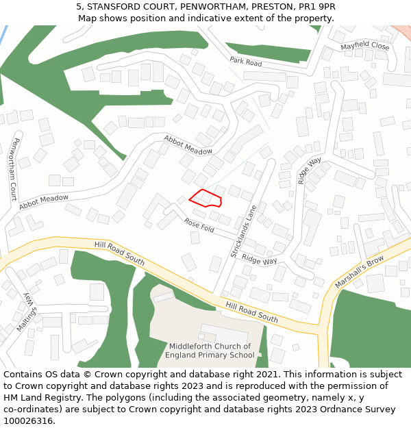 5, STANSFORD COURT, PENWORTHAM, PRESTON, PR1 9PR: Location map and indicative extent of plot