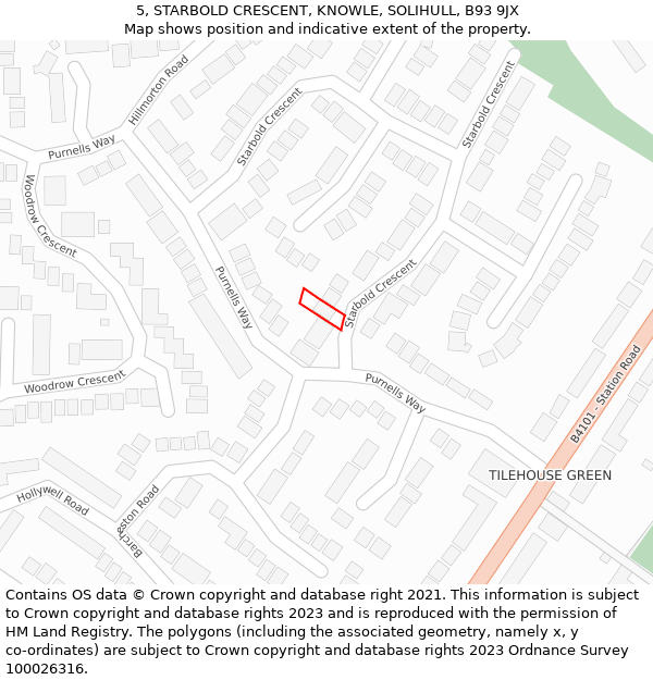 5, STARBOLD CRESCENT, KNOWLE, SOLIHULL, B93 9JX: Location map and indicative extent of plot