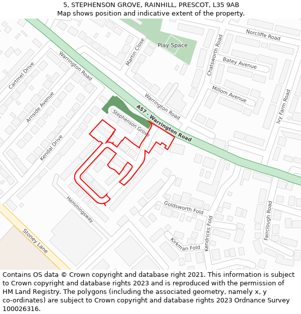 5, STEPHENSON GROVE, RAINHILL, PRESCOT, L35 9AB: Location map and indicative extent of plot