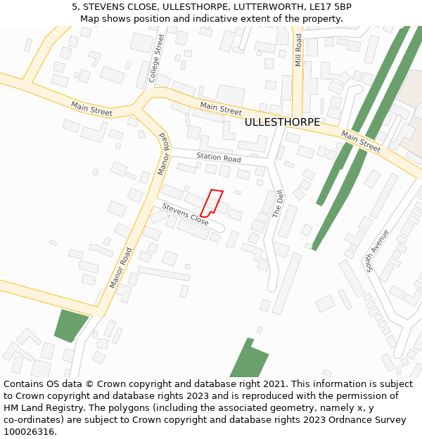 5, STEVENS CLOSE, ULLESTHORPE, LUTTERWORTH, LE17 5BP: Location map and indicative extent of plot