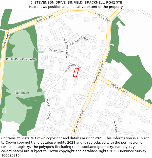 5, STEVENSON DRIVE, BINFIELD, BRACKNELL, RG42 5TB: Location map and indicative extent of plot