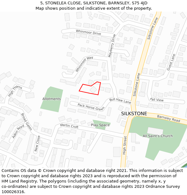 5, STONELEA CLOSE, SILKSTONE, BARNSLEY, S75 4JD: Location map and indicative extent of plot