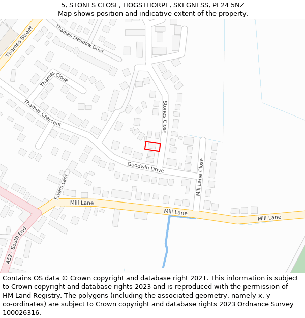 5, STONES CLOSE, HOGSTHORPE, SKEGNESS, PE24 5NZ: Location map and indicative extent of plot