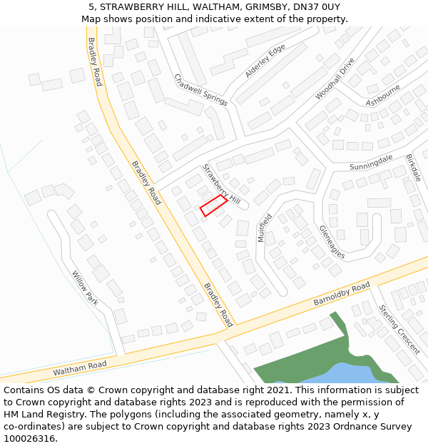 5, STRAWBERRY HILL, WALTHAM, GRIMSBY, DN37 0UY: Location map and indicative extent of plot