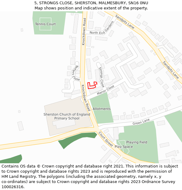 5, STRONGS CLOSE, SHERSTON, MALMESBURY, SN16 0NU: Location map and indicative extent of plot