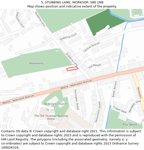 5, STUBBING LANE, WORKSOP, S80 1NB: Location map and indicative extent of plot