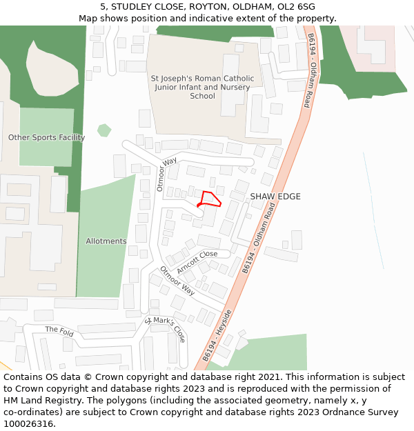 5, STUDLEY CLOSE, ROYTON, OLDHAM, OL2 6SG: Location map and indicative extent of plot