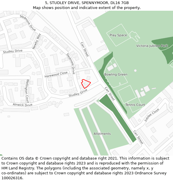 5, STUDLEY DRIVE, SPENNYMOOR, DL16 7GB: Location map and indicative extent of plot