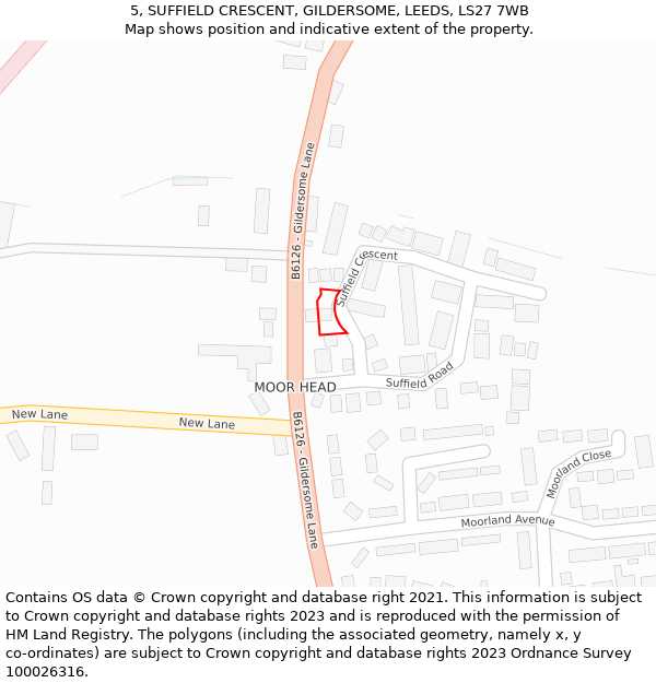 5, SUFFIELD CRESCENT, GILDERSOME, LEEDS, LS27 7WB: Location map and indicative extent of plot