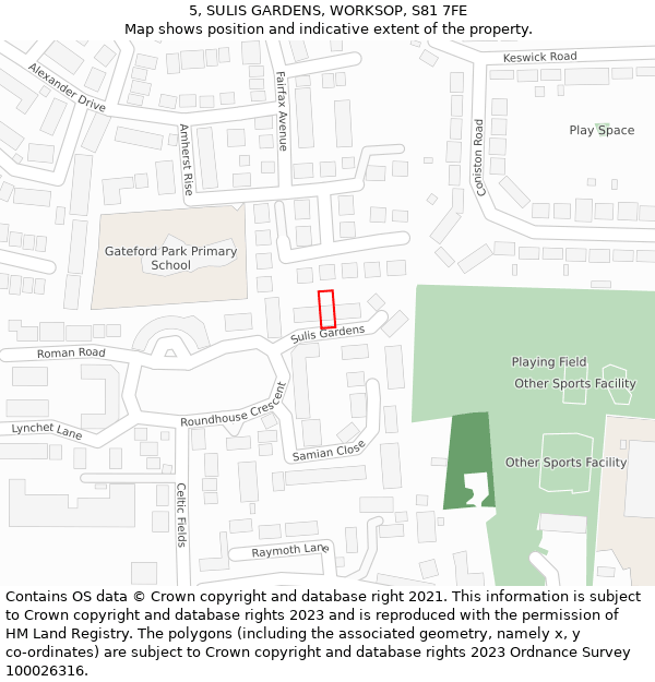 5, SULIS GARDENS, WORKSOP, S81 7FE: Location map and indicative extent of plot