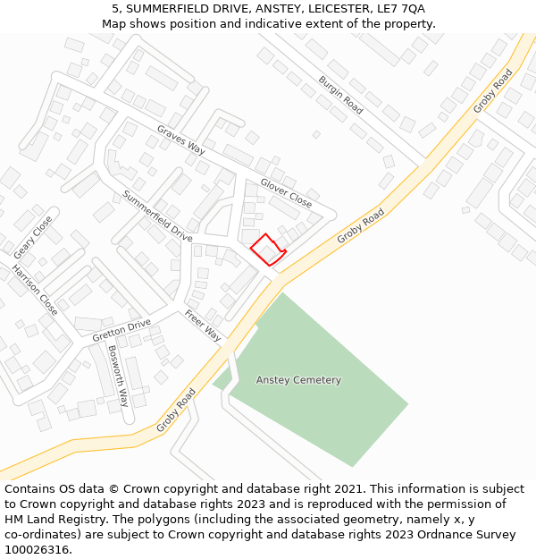 5, SUMMERFIELD DRIVE, ANSTEY, LEICESTER, LE7 7QA: Location map and indicative extent of plot