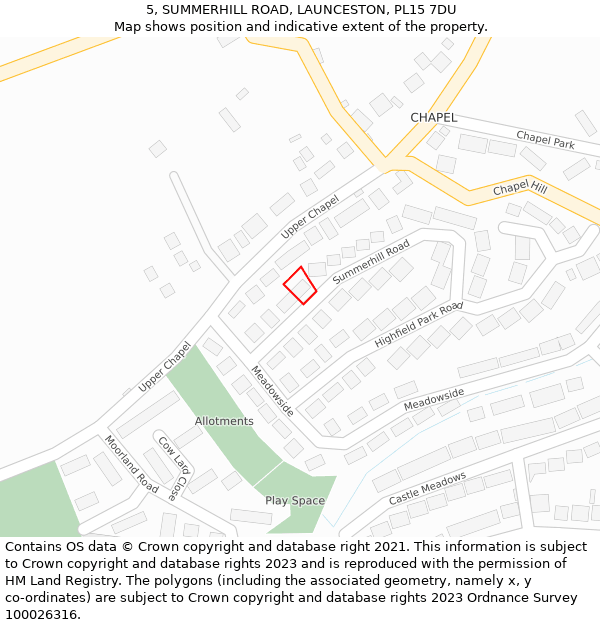 5, SUMMERHILL ROAD, LAUNCESTON, PL15 7DU: Location map and indicative extent of plot