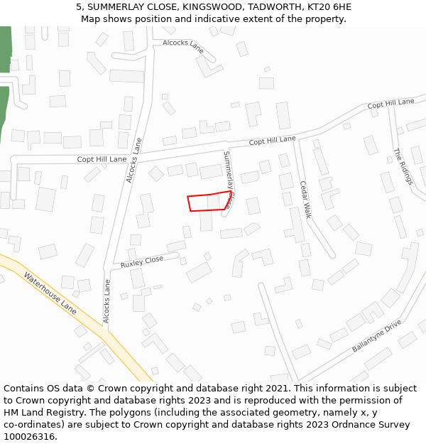 5, SUMMERLAY CLOSE, KINGSWOOD, TADWORTH, KT20 6HE: Location map and indicative extent of plot