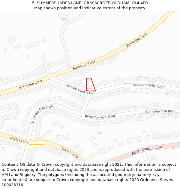 5, SUMMERSHADES LANE, GRASSCROFT, OLDHAM, OL4 4ED: Location map and indicative extent of plot