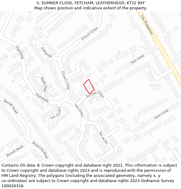 5, SUMNER CLOSE, FETCHAM, LEATHERHEAD, KT22 9XF: Location map and indicative extent of plot