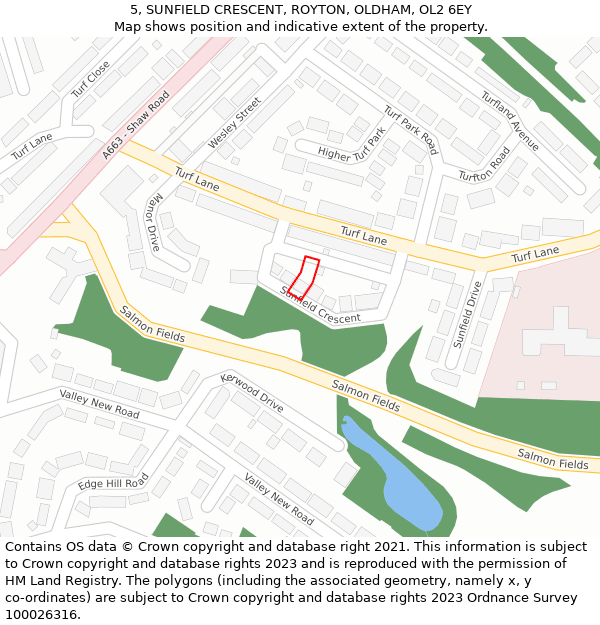 5, SUNFIELD CRESCENT, ROYTON, OLDHAM, OL2 6EY: Location map and indicative extent of plot