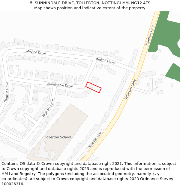 5, SUNNINDALE DRIVE, TOLLERTON, NOTTINGHAM, NG12 4ES: Location map and indicative extent of plot