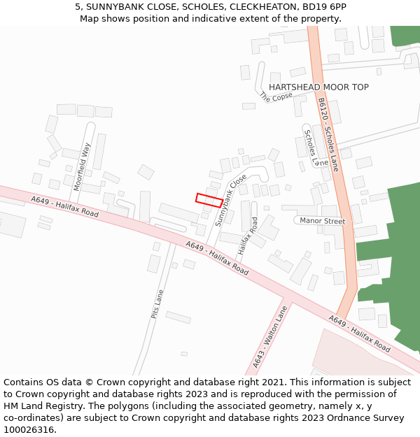 5, SUNNYBANK CLOSE, SCHOLES, CLECKHEATON, BD19 6PP: Location map and indicative extent of plot