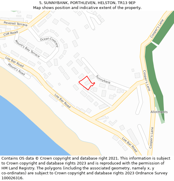 5, SUNNYBANK, PORTHLEVEN, HELSTON, TR13 9EP: Location map and indicative extent of plot