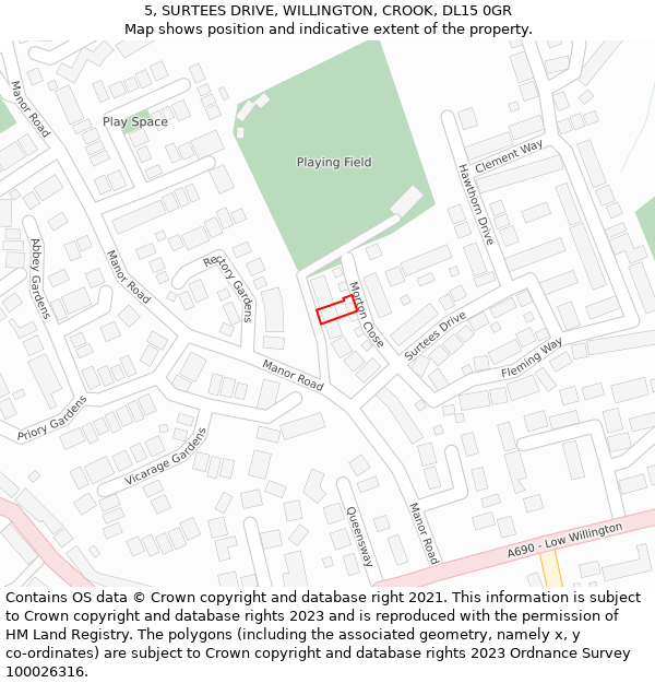 5, SURTEES DRIVE, WILLINGTON, CROOK, DL15 0GR: Location map and indicative extent of plot