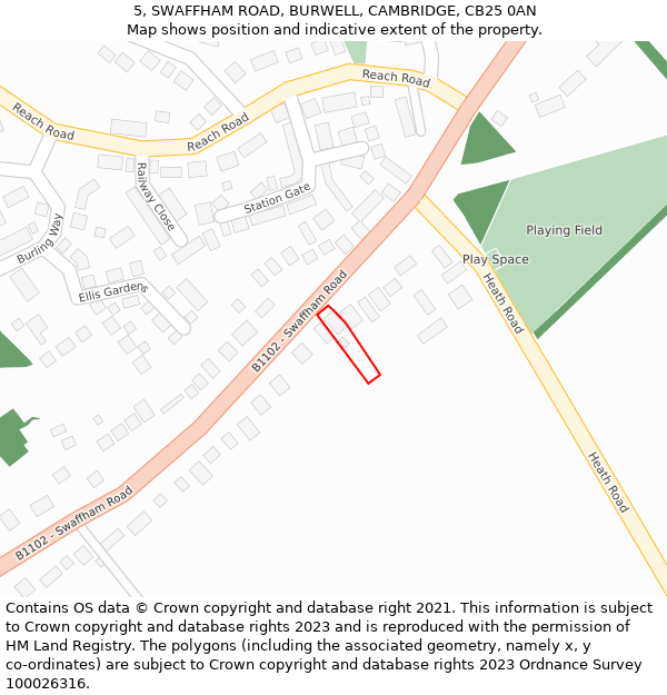 5, SWAFFHAM ROAD, BURWELL, CAMBRIDGE, CB25 0AN: Location map and indicative extent of plot