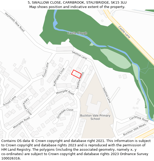 5, SWALLOW CLOSE, CARRBROOK, STALYBRIDGE, SK15 3LU: Location map and indicative extent of plot
