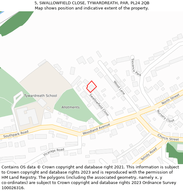 5, SWALLOWFIELD CLOSE, TYWARDREATH, PAR, PL24 2QB: Location map and indicative extent of plot
