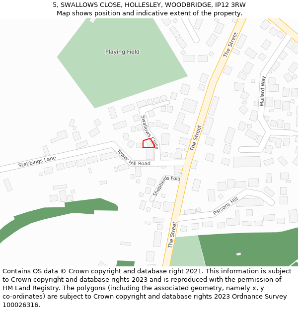 5, SWALLOWS CLOSE, HOLLESLEY, WOODBRIDGE, IP12 3RW: Location map and indicative extent of plot