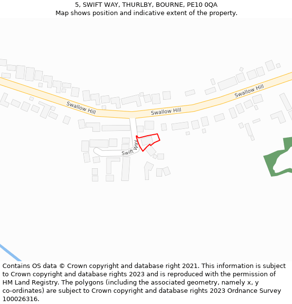 5, SWIFT WAY, THURLBY, BOURNE, PE10 0QA: Location map and indicative extent of plot