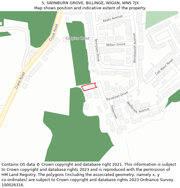 5, SWINBURN GROVE, BILLINGE, WIGAN, WN5 7JX: Location map and indicative extent of plot