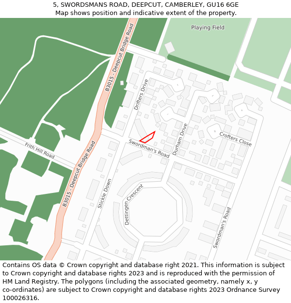 5, SWORDSMANS ROAD, DEEPCUT, CAMBERLEY, GU16 6GE: Location map and indicative extent of plot