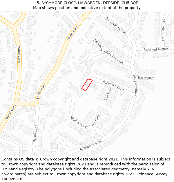 5, SYCAMORE CLOSE, HAWARDEN, DEESIDE, CH5 3QF: Location map and indicative extent of plot