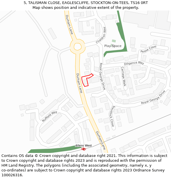 5, TALISMAN CLOSE, EAGLESCLIFFE, STOCKTON-ON-TEES, TS16 0RT: Location map and indicative extent of plot