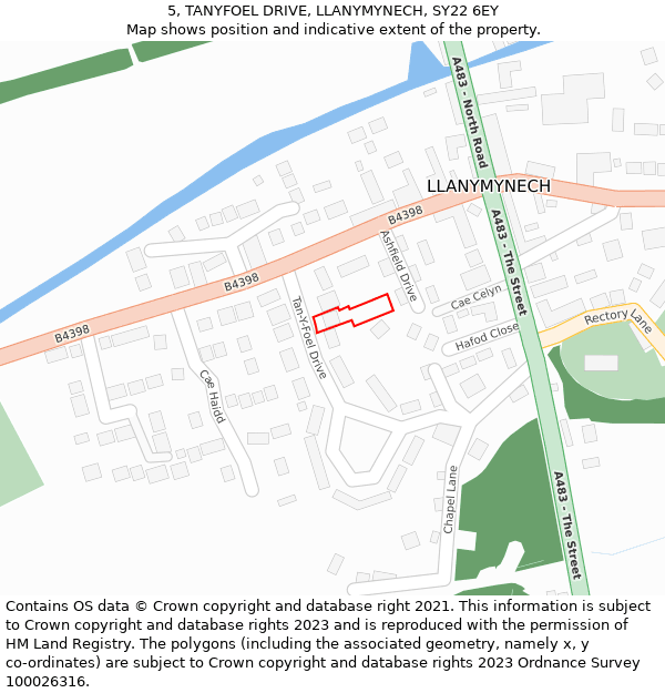 5, TANYFOEL DRIVE, LLANYMYNECH, SY22 6EY: Location map and indicative extent of plot