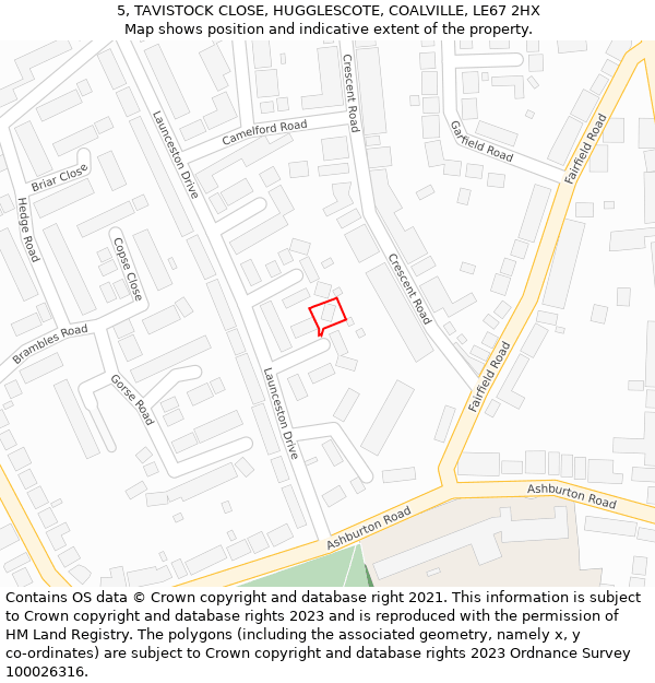5, TAVISTOCK CLOSE, HUGGLESCOTE, COALVILLE, LE67 2HX: Location map and indicative extent of plot