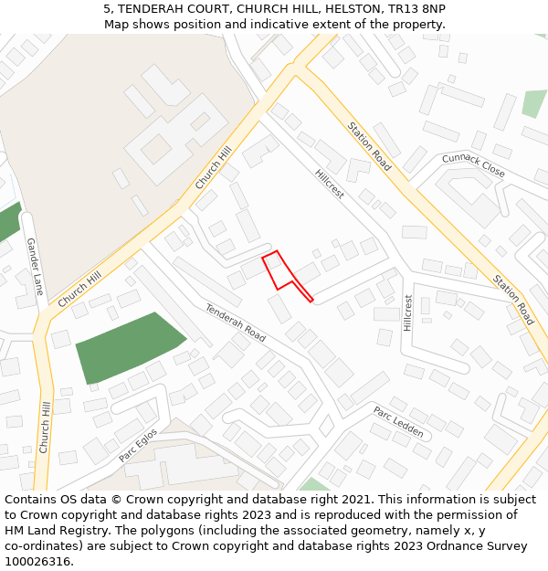 5, TENDERAH COURT, CHURCH HILL, HELSTON, TR13 8NP: Location map and indicative extent of plot