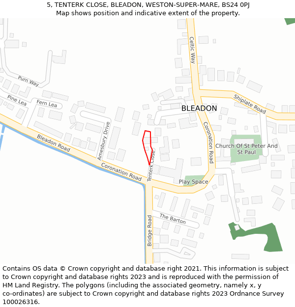 5, TENTERK CLOSE, BLEADON, WESTON-SUPER-MARE, BS24 0PJ: Location map and indicative extent of plot