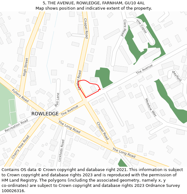 5, THE AVENUE, ROWLEDGE, FARNHAM, GU10 4AL: Location map and indicative extent of plot