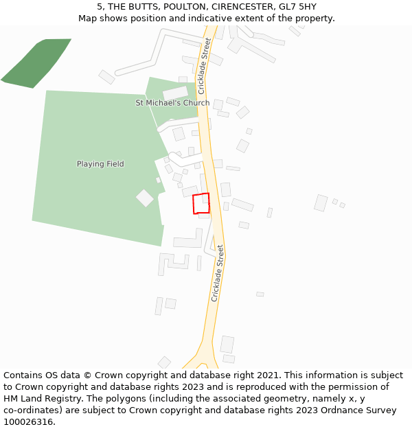 5, THE BUTTS, POULTON, CIRENCESTER, GL7 5HY: Location map and indicative extent of plot