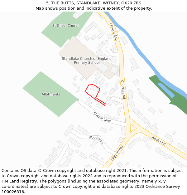 5, THE BUTTS, STANDLAKE, WITNEY, OX29 7RS: Location map and indicative extent of plot