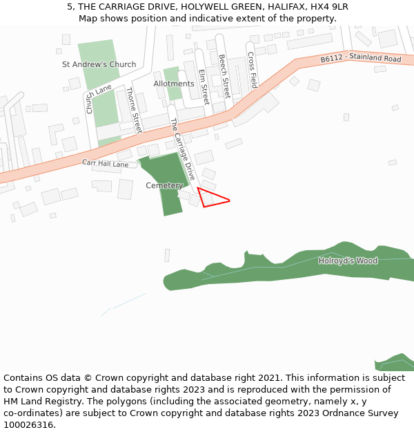 5, THE CARRIAGE DRIVE, HOLYWELL GREEN, HALIFAX, HX4 9LR: Location map and indicative extent of plot